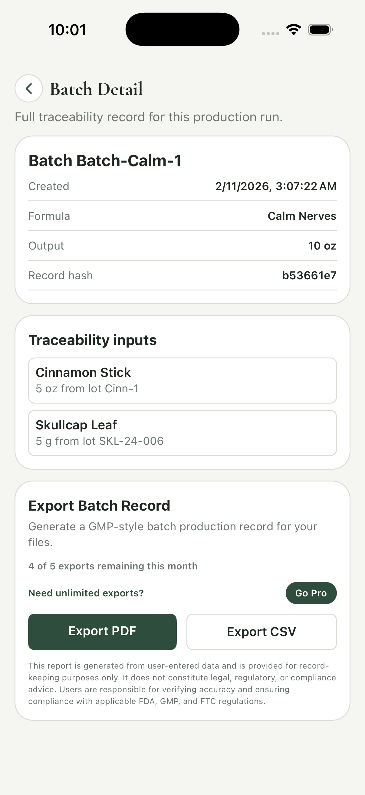 Batch detail screen showing traceability inputs and record hash