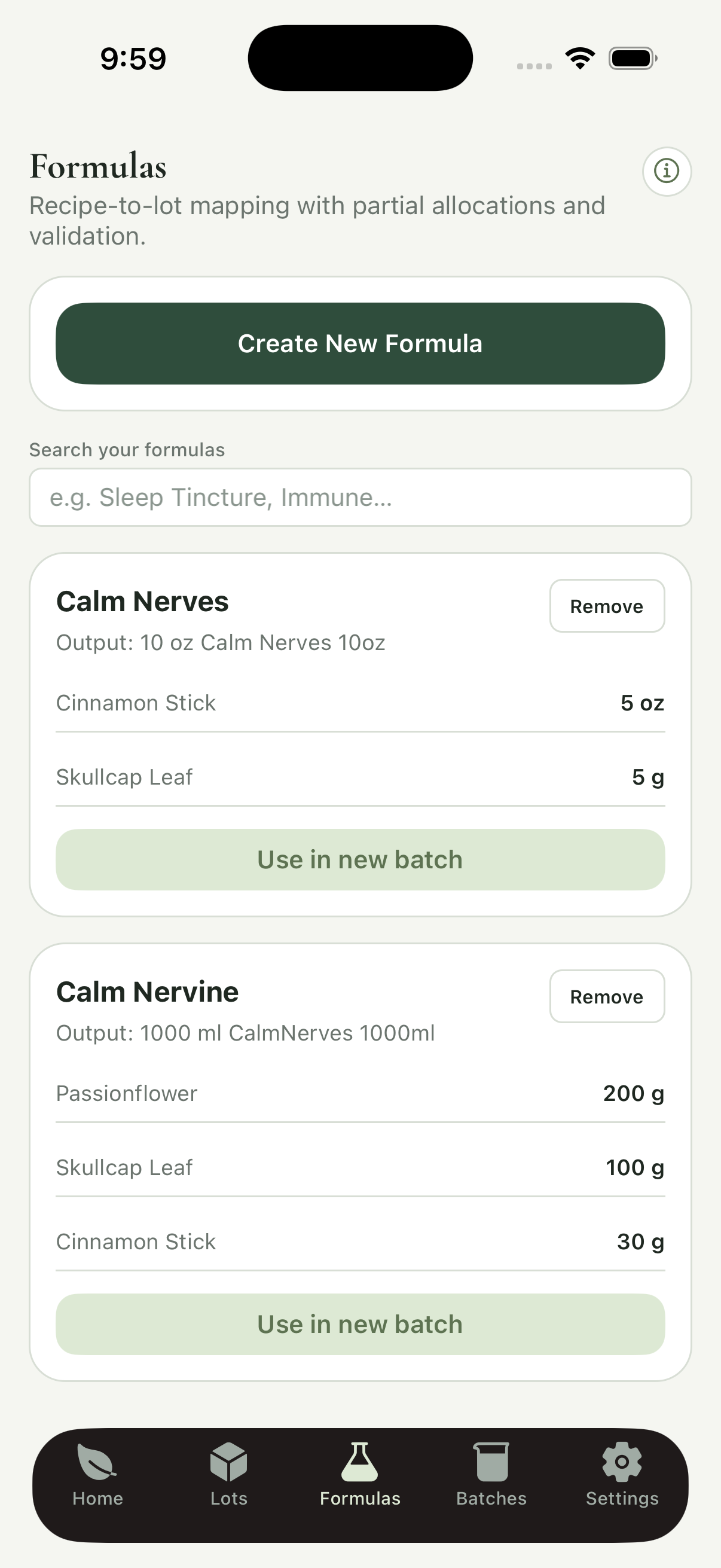 Formulas screen showing recipe-to-lot mapping with herb allocations